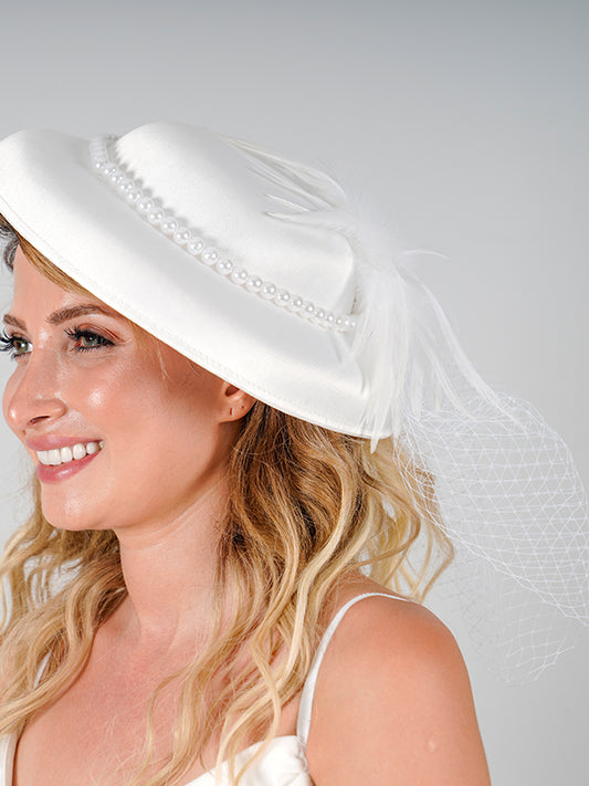 Sed-da Exclusive® Saten İncili Model Şapka Kırık Beyaz